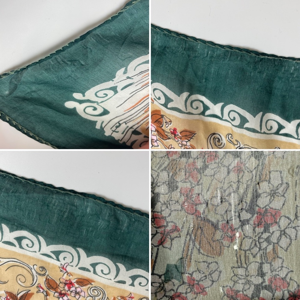 Vintage Silk Scarf Floral FLAWS Green Cream Retro Square Border Women Autumn‎ - Picture 8 of 16